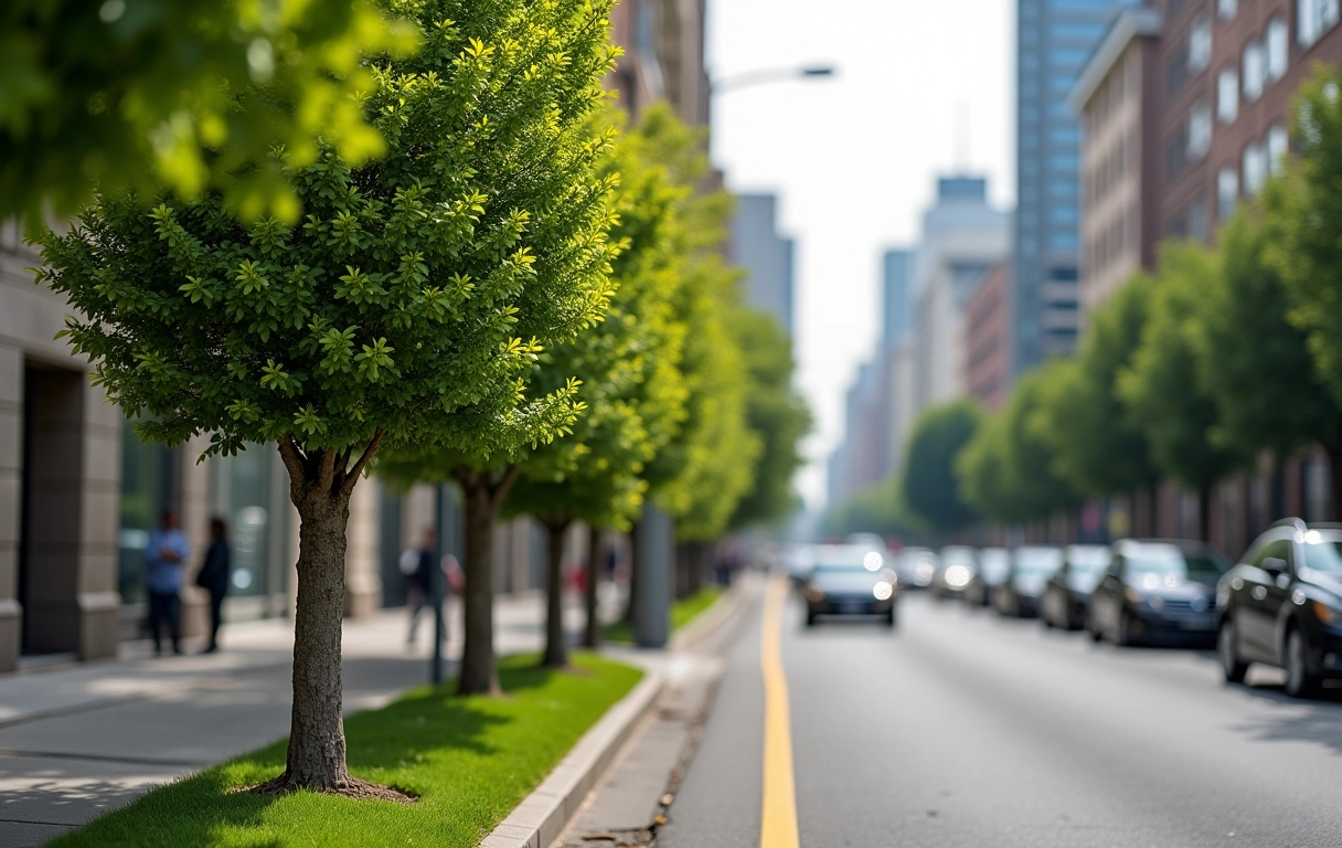 Árvores urbanas resistentes à poluição plantadas em rua da cidade.