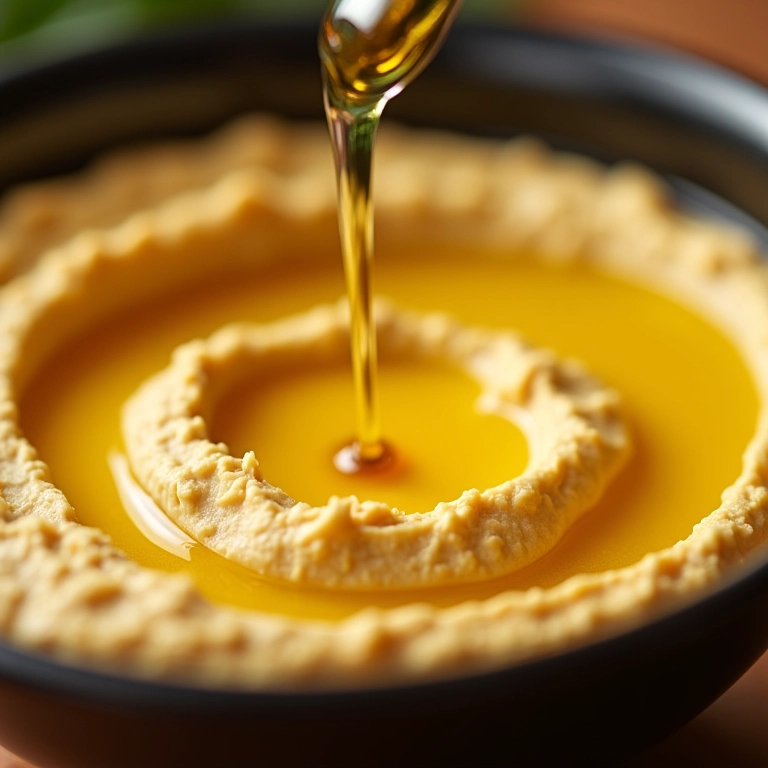 Azeite extra virgem sendo adicionado ao homus.