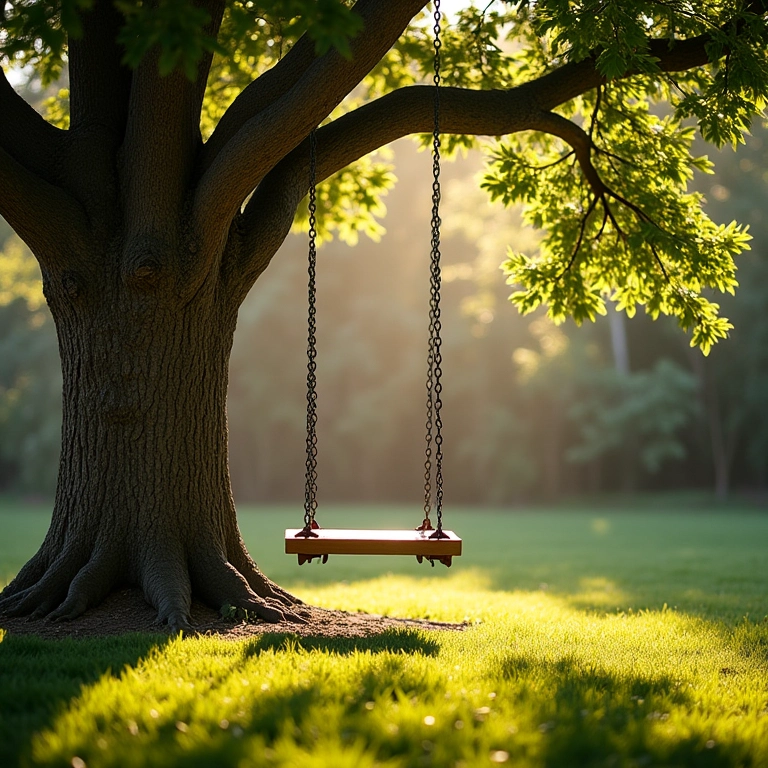 Balanço de madeira instalado em árvore frondosa em um quintal ensolarado.