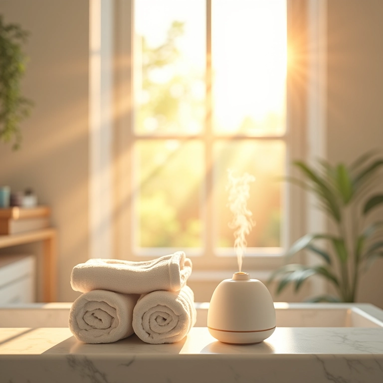 Banheiro iluminado com difusor de aroma e brinquedos de banho.