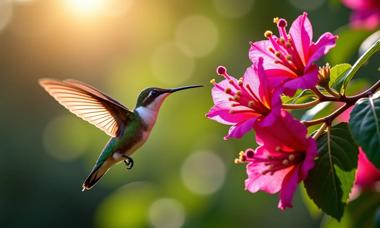 Beija-flor atraído por flores de primavera em jardim brasileiro.