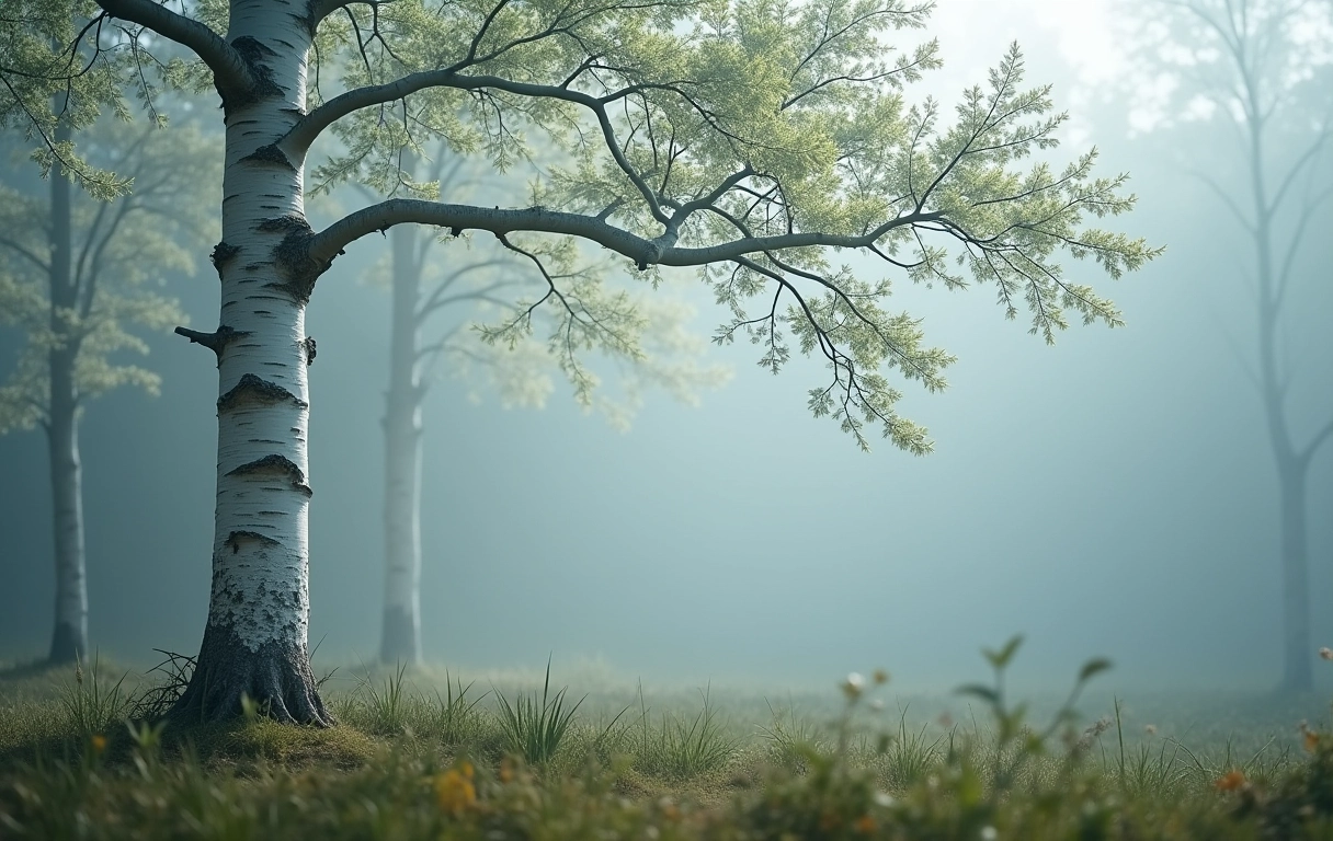Bétula elegante com casca branca em uma floresta nebulosa, simbolizando pureza e recomeço na psicologia das árvores.