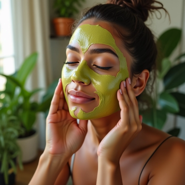 Brasileira aplicando máscara facial de abacate com mel.