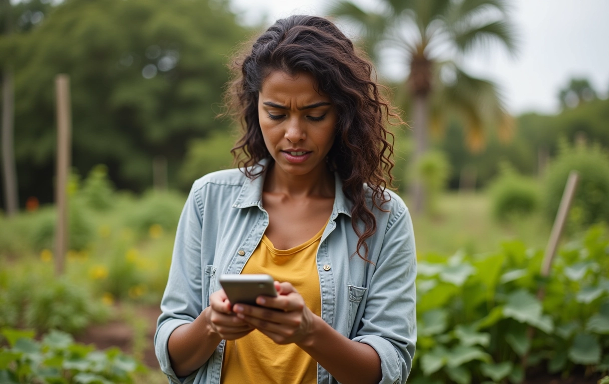 Brasileira consultando app do clima com horta ao fundo, expressão preocupada.