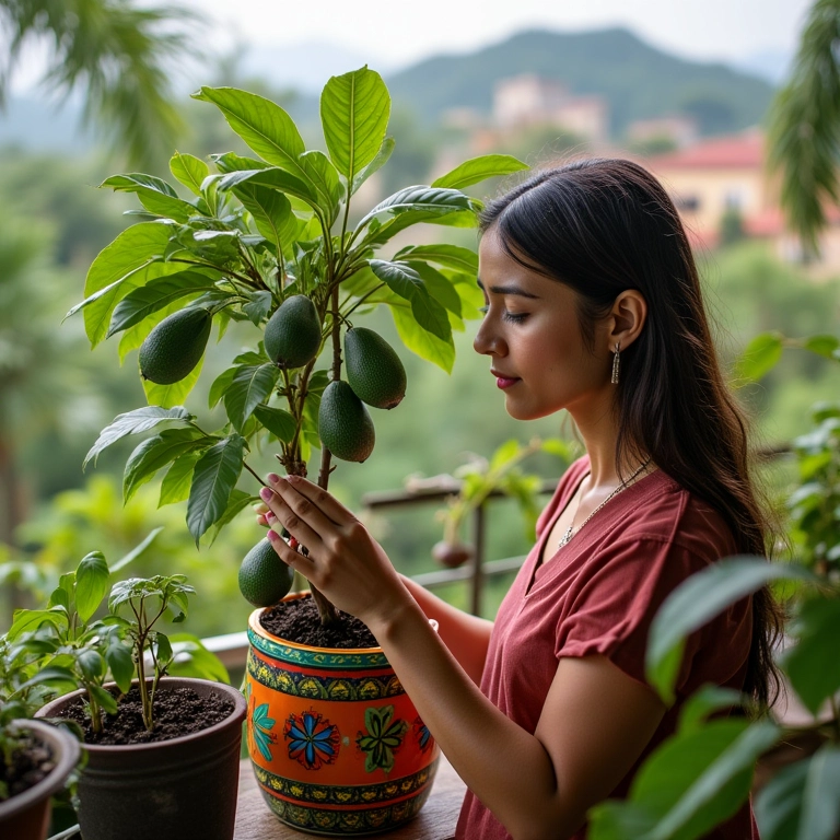 Brasileira plantando abacateiro em vaso colorido na varanda.