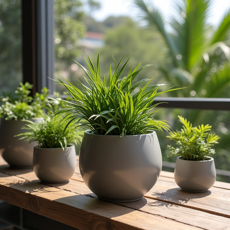 Cachepots Vasart elegantes com plantas em um deck estiloso.