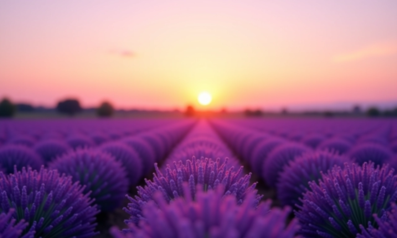 Campo de lavanda ao pôr do sol, simbolizando devoção e tranquilidade.