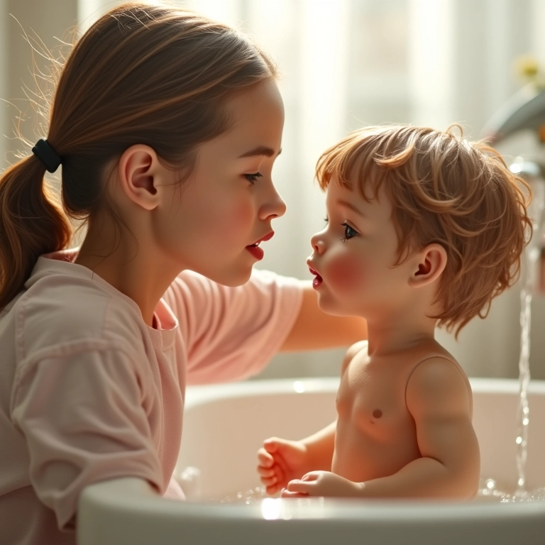 Cantando para uma boneca durante a lavagem de cabelo.