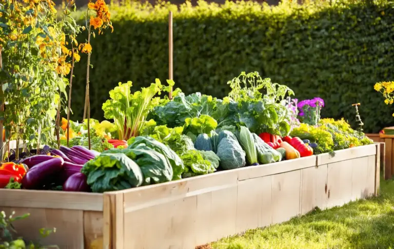 Canteiro elevado vibrante repleto de flores e hortaliças sob a luz do sol.