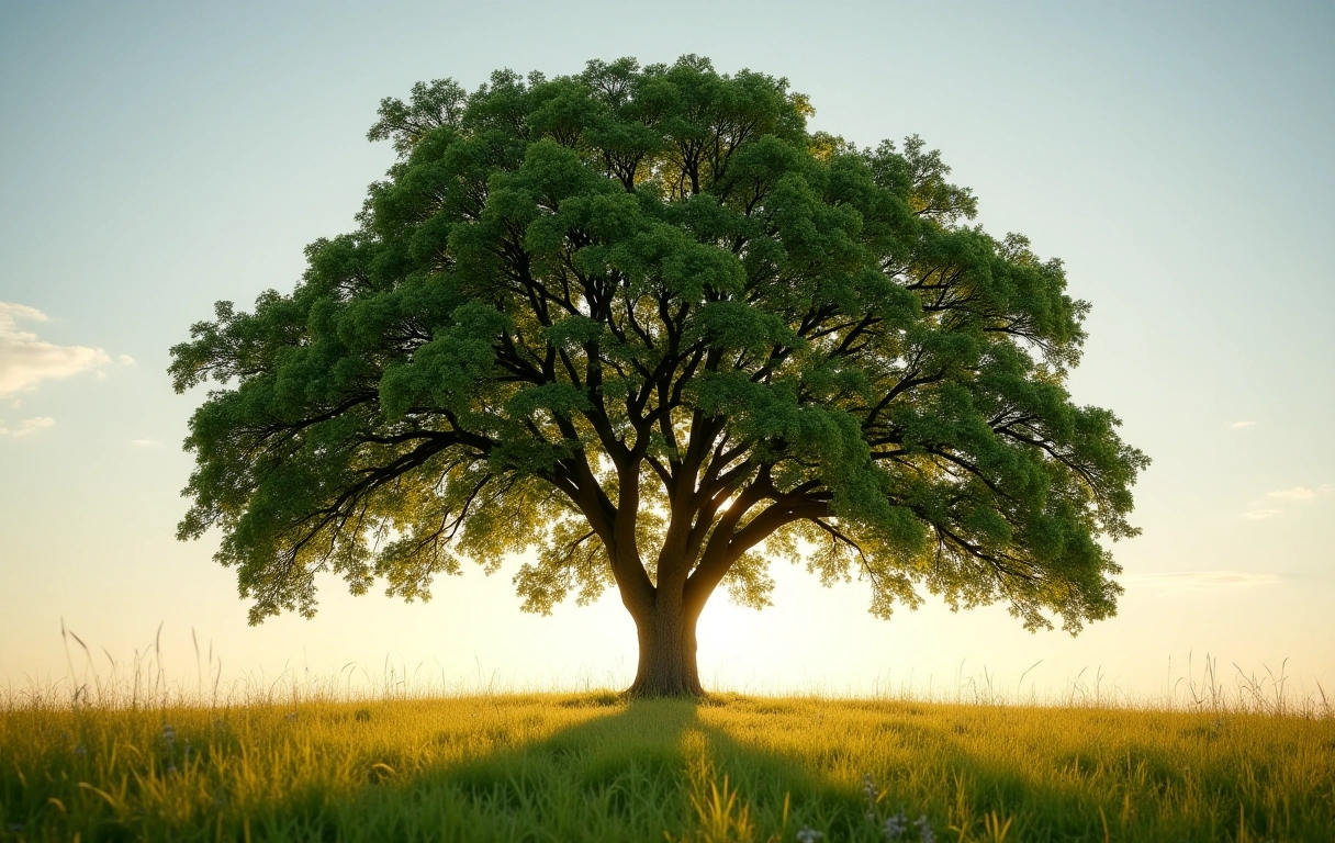 Carvalho majestoso em um prado ensolarado, simbolizando força e sabedoria na psicologia das árvores.