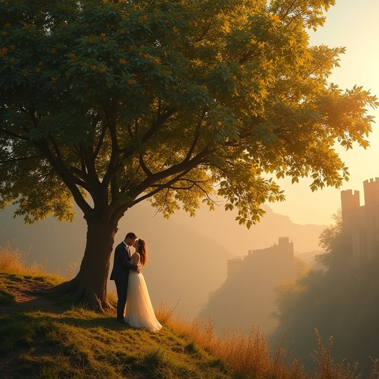 Casal apaixonado sob a Figueira das Lágrimas, cenário histórico e luz suave.