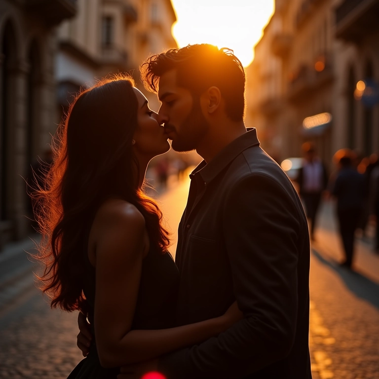 Casal apaixonado sussurrando segredos sob a Figueira das Lágrimas, clima romântico.
