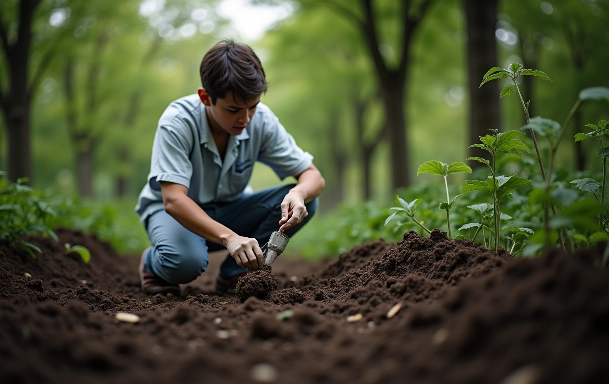 Cientista coletando amostras de solo perto de árvores urbanas.