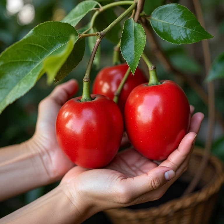Colhendo acerolas maduras do vaso.