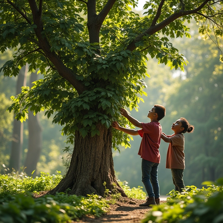 Conservacionistas cuidando da Figueira das Lágrimas em um parque urbano.