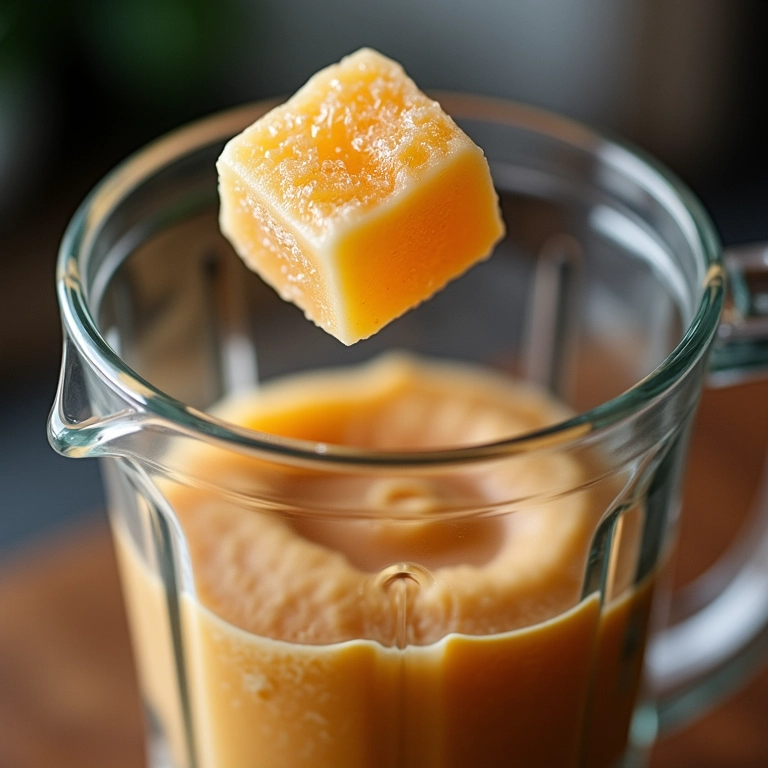 Cubos de gelo sendo adicionados aos ingredientes do homus.