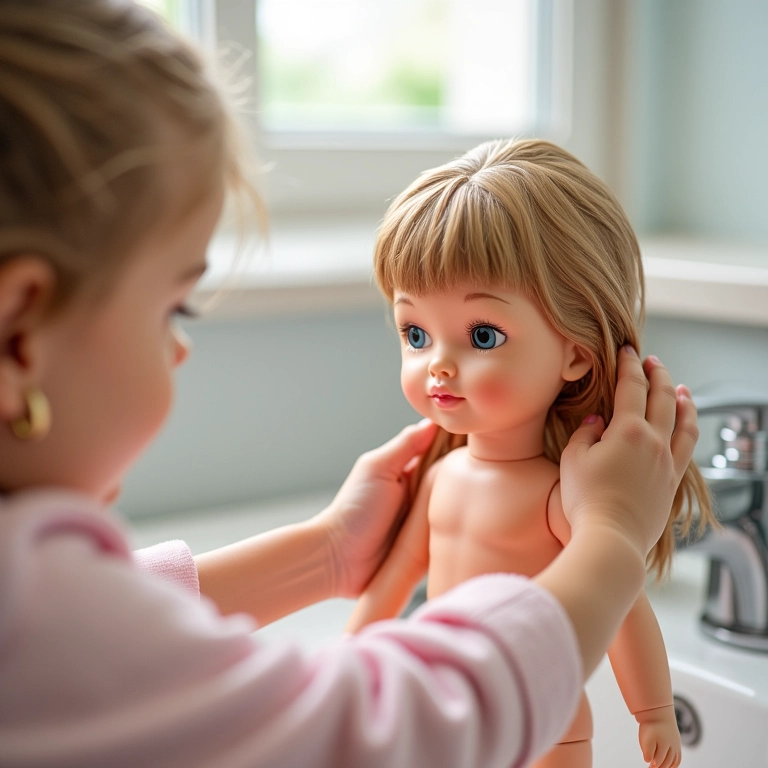 Deixando uma boneca 'lavar' seu próprio cabelo.