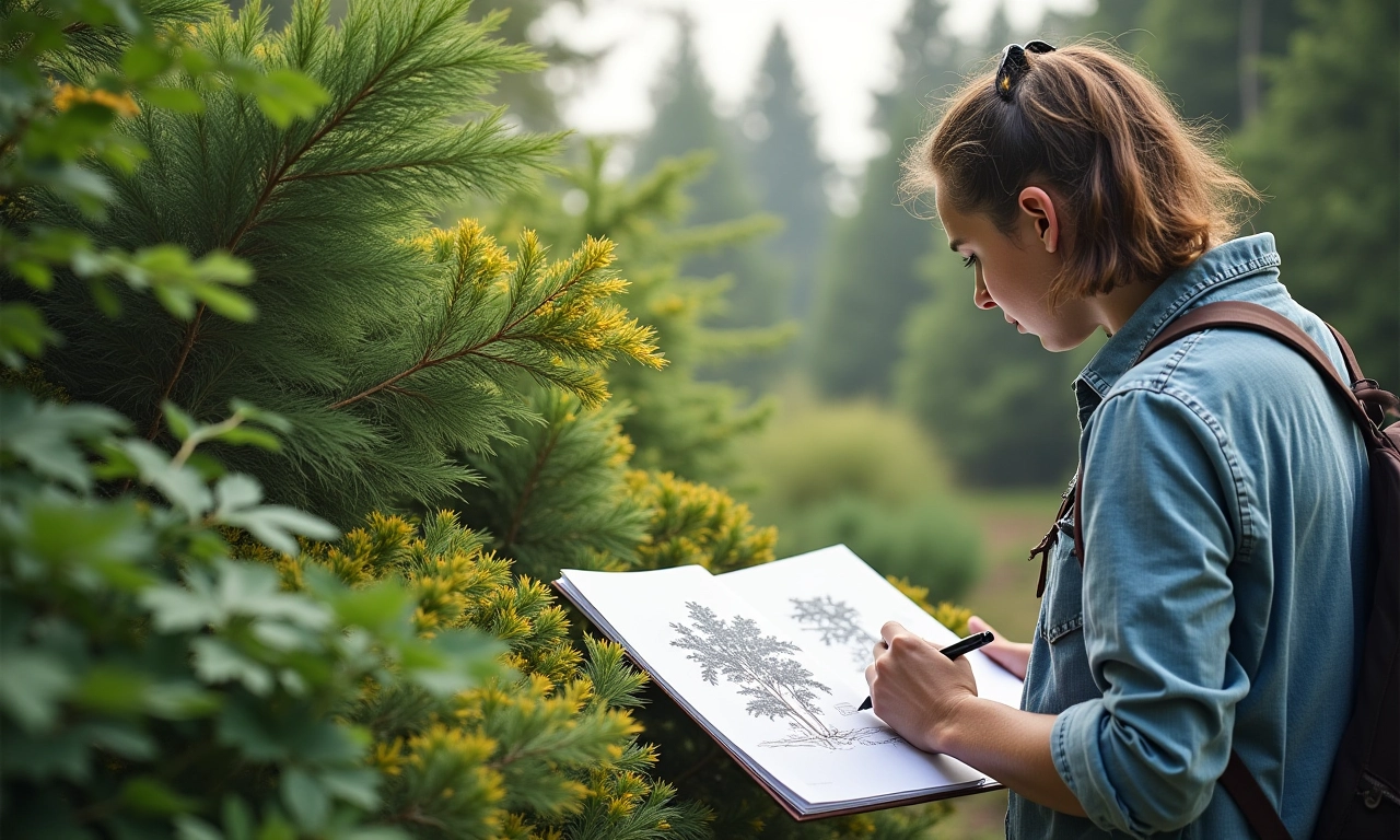 Designer paisagista analisando espécies de árvores nativas em seu caderno.