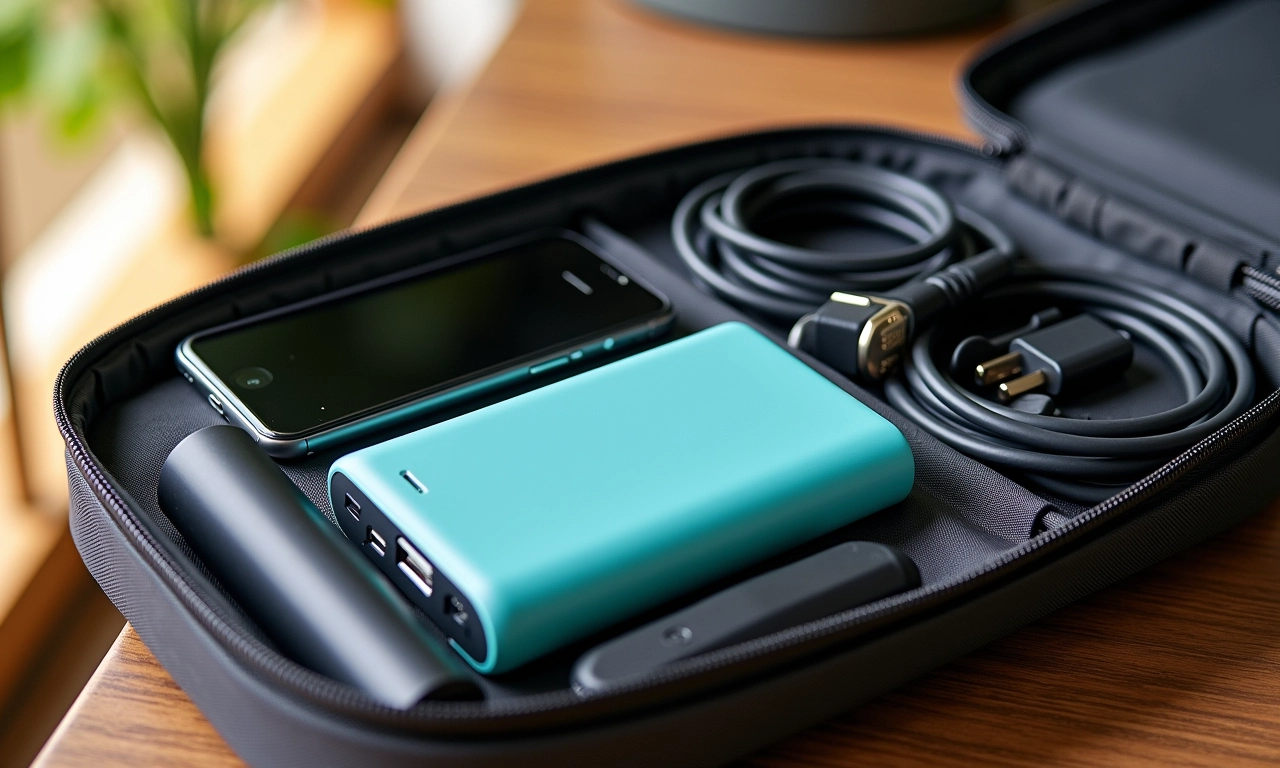 Eletrônicos e carregadores organizados para voos internacionais.