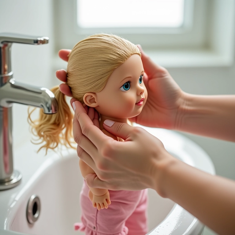 Enxaguando o cabelo de uma boneca de forma rápida e eficiente.