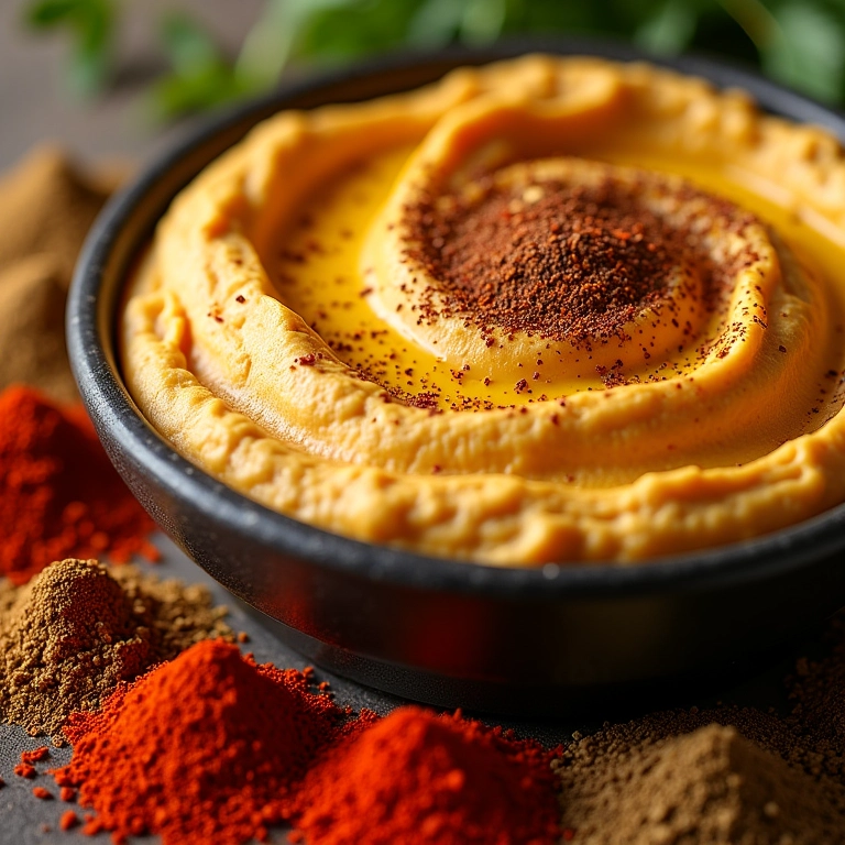 Especiarias variadas ao redor de um pote de homus.