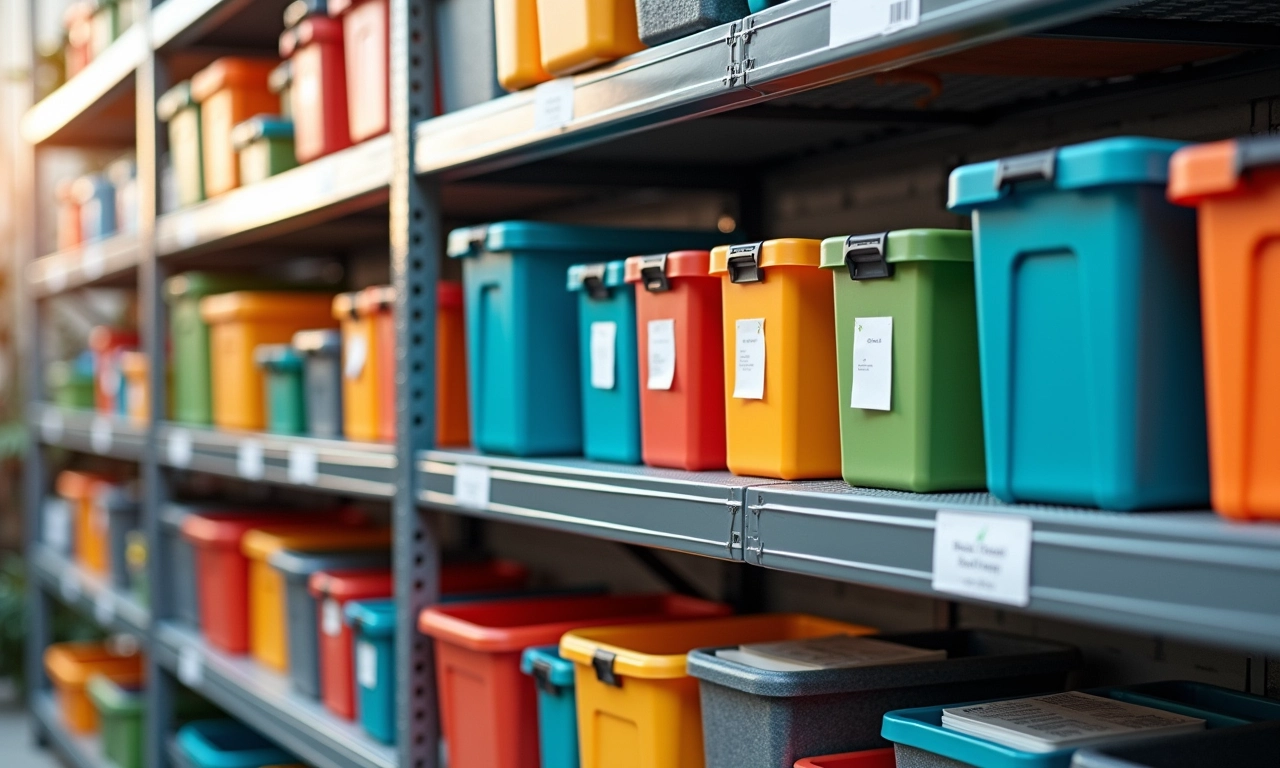 Estante de aço com caixas e cestos organizadores coloridos.