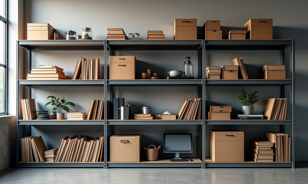Estante de aço com prateleiras organizadas para diferentes categorias de itens.