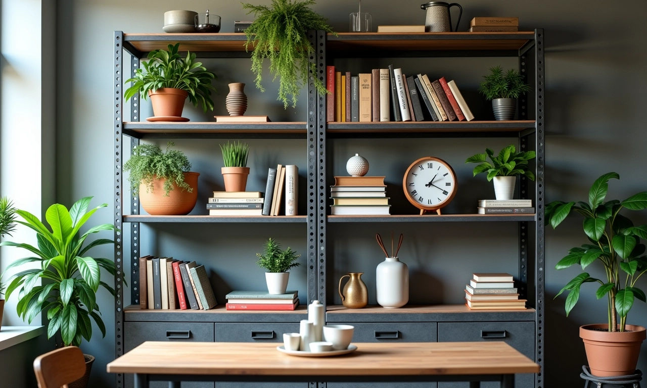 Estante de aço industrial organizada com livros, plantas e objetos decorativos.