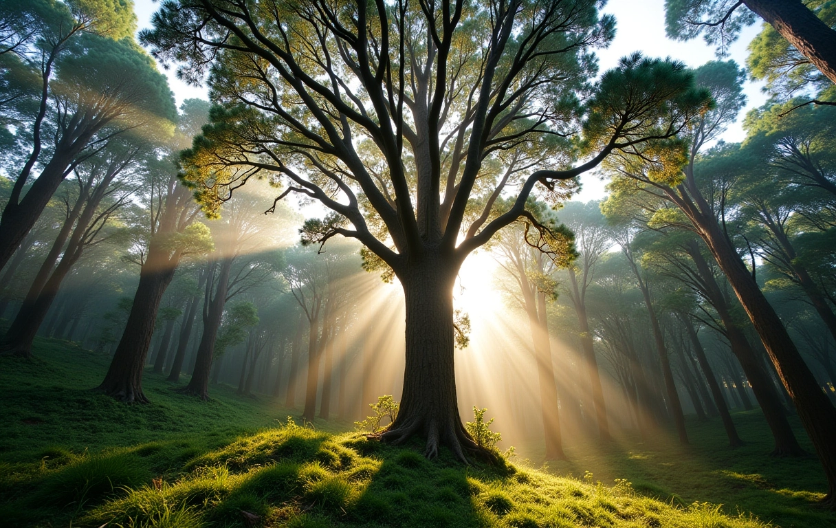 Eucalipto alto em uma floresta com luz solar salpicada, simbolizando cura e proteção na psicologia das árvores.