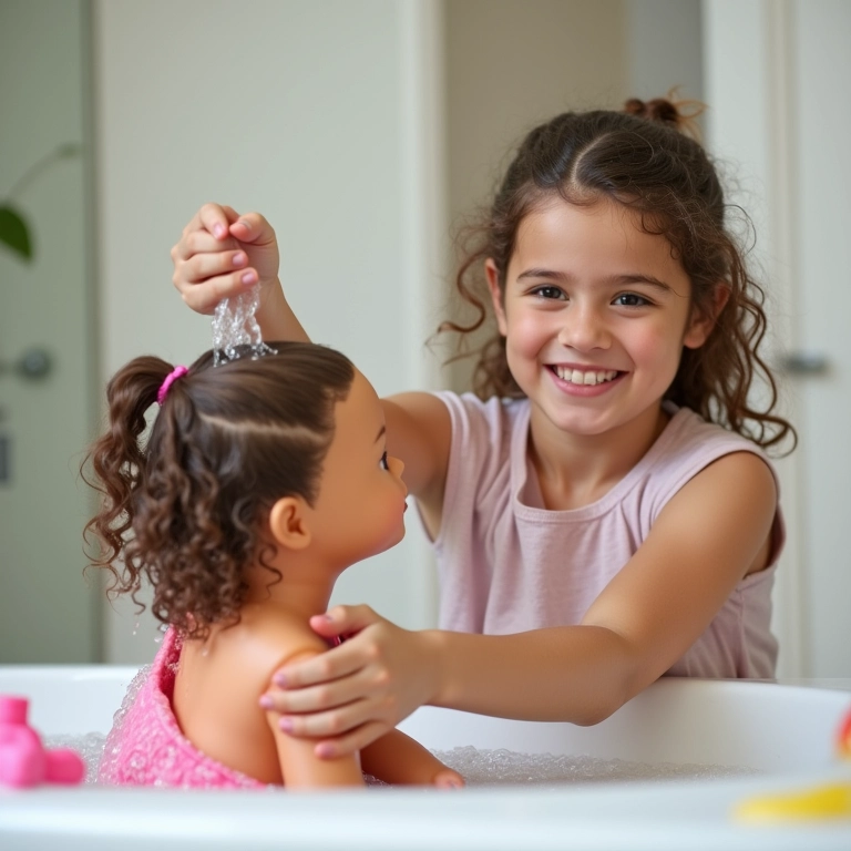 Fazendo bolhas de sabão durante o banho de uma boneca.