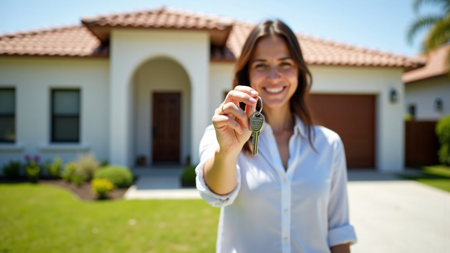 Mulher sorrindo segurando chaves em frente à casa quitada.