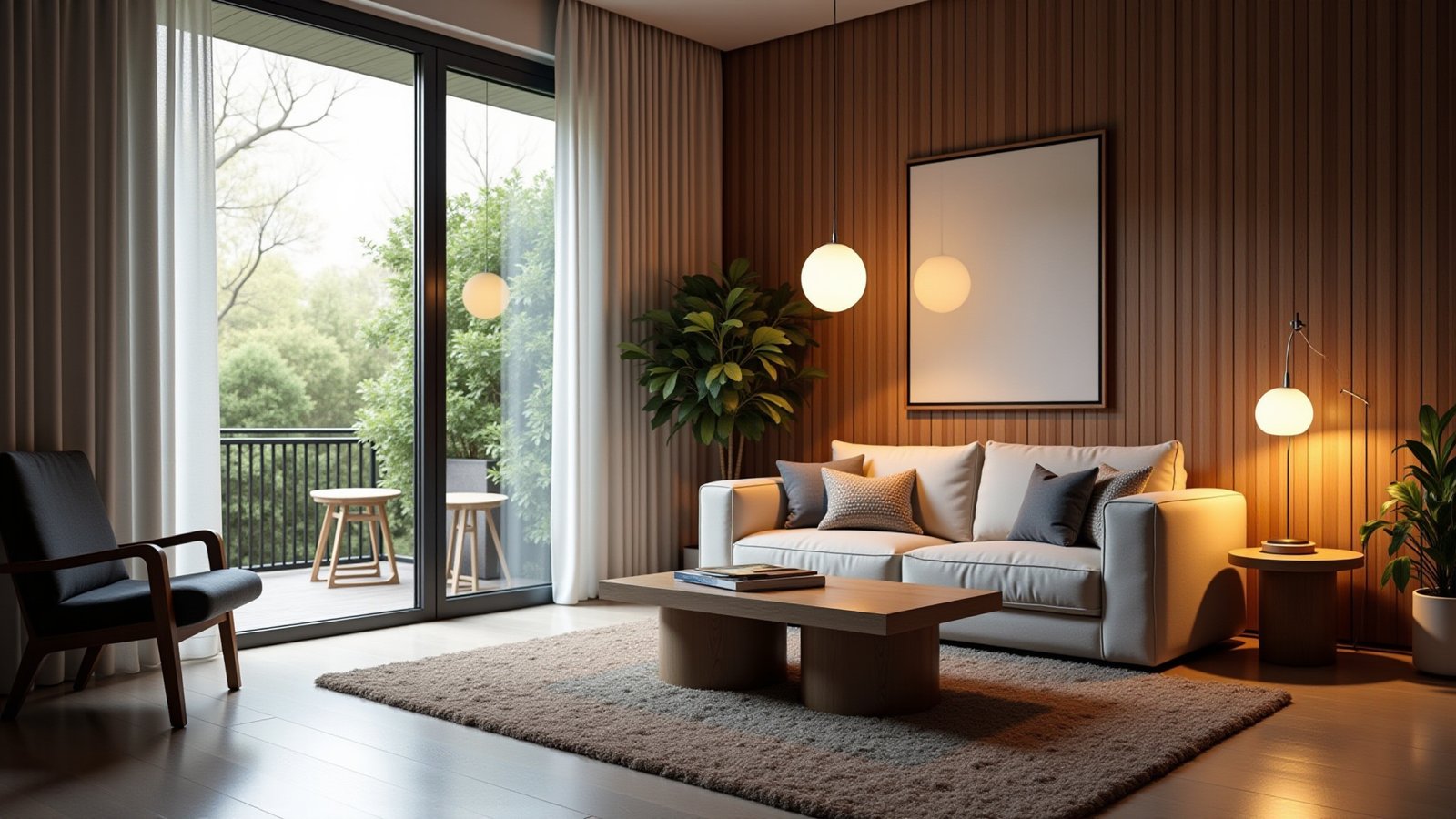 Sala de estar com iluminação variada: natural, pendente e ambiente.