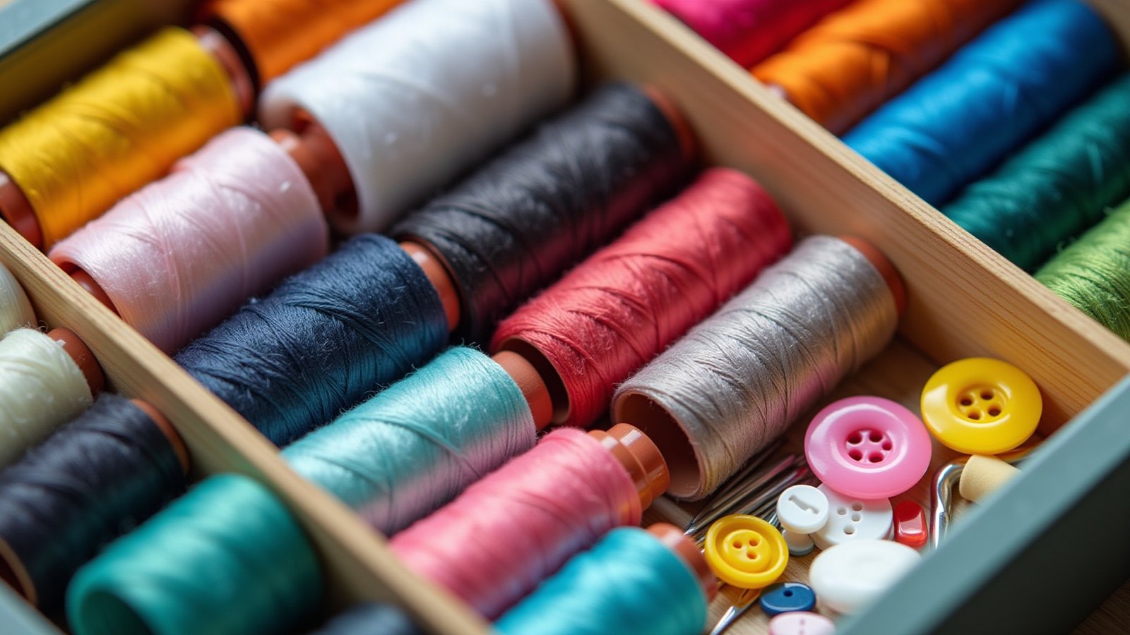 Caixa de costura organizada com linhas coloridas e acessórios.