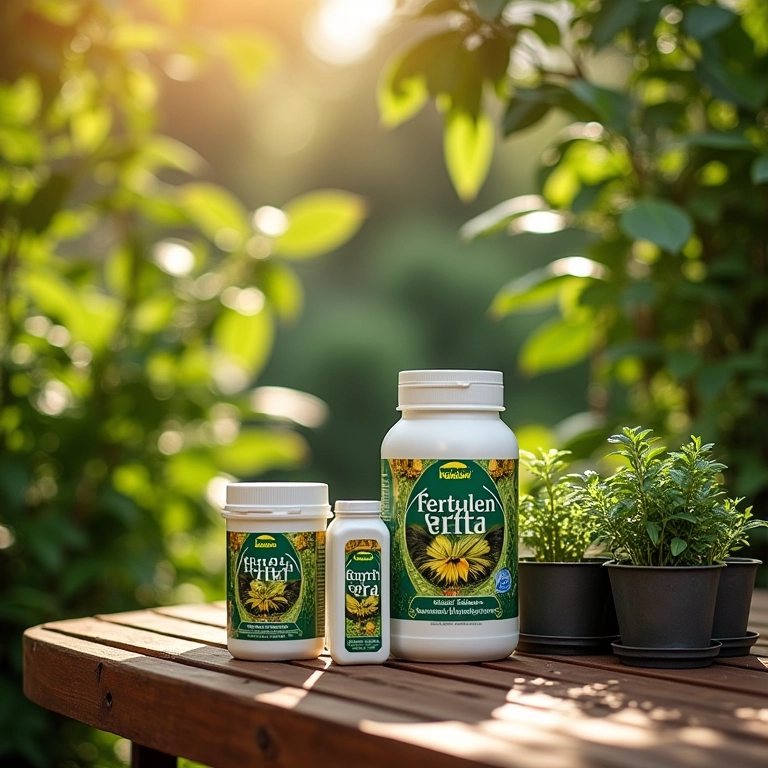 Fertilizantes Forth Jardim em uma mesa de deck com plantas saudáveis.
