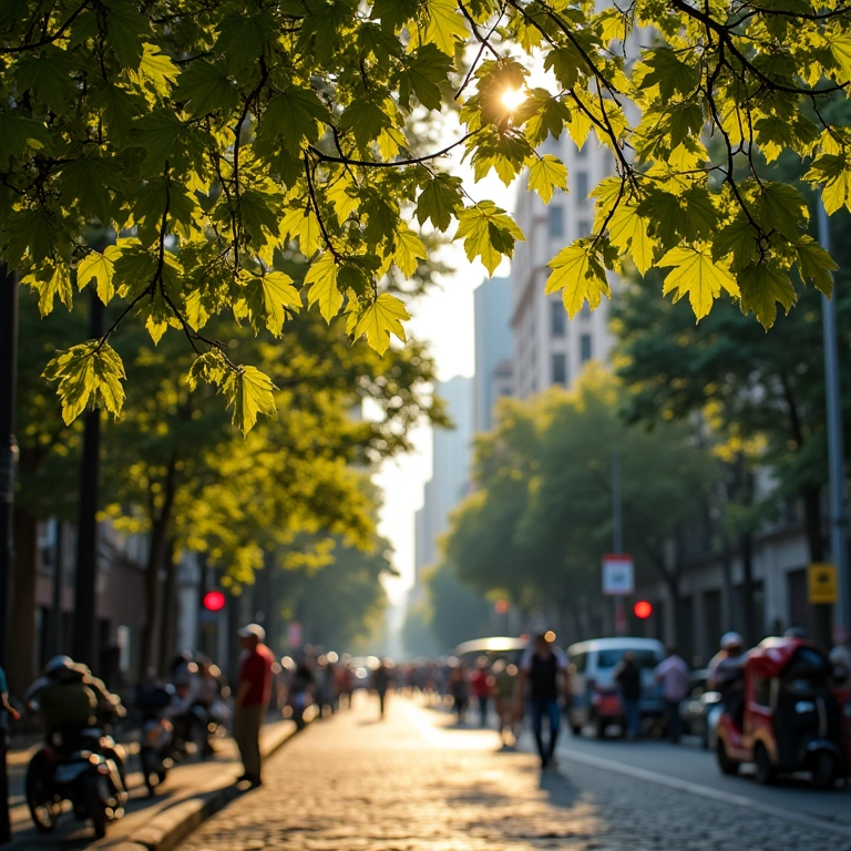 Figueira das Lágrimas com folhagem vibrante em meio à movimentada São Paulo.