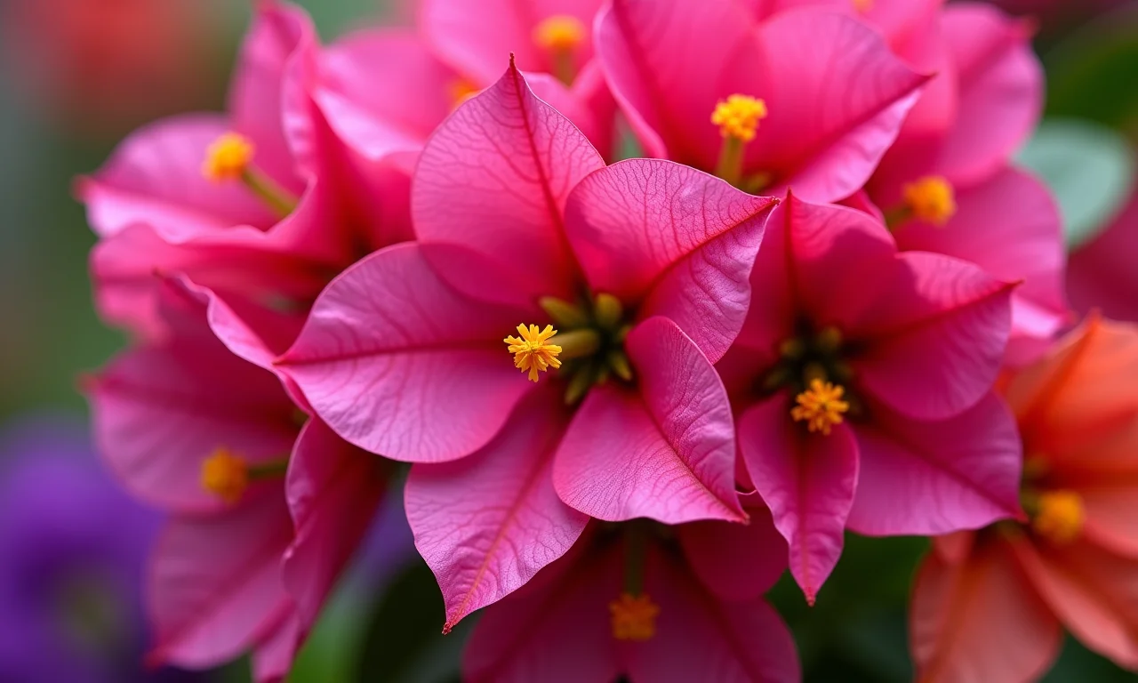 Flores de primavera em tons vibrantes de rosa, roxo e laranja.