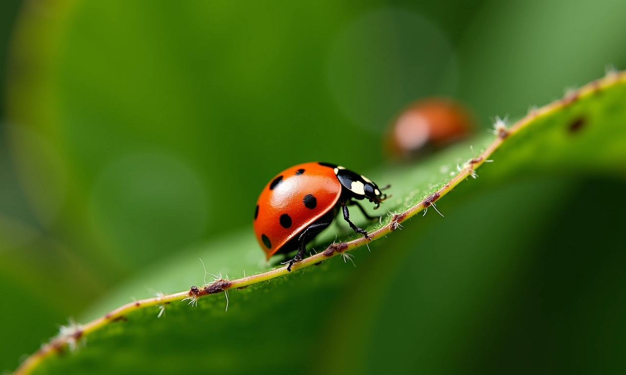 Folhas de cupuaçu afetadas por pragas, joaninhas controlando.