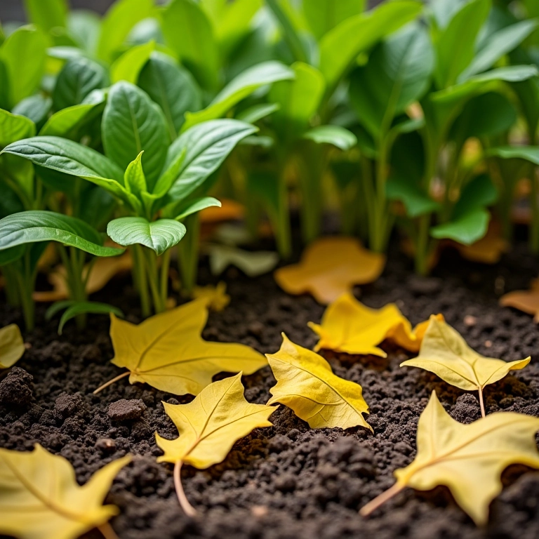 Folhas secas como adubo natural e proteção para o solo no jardim.