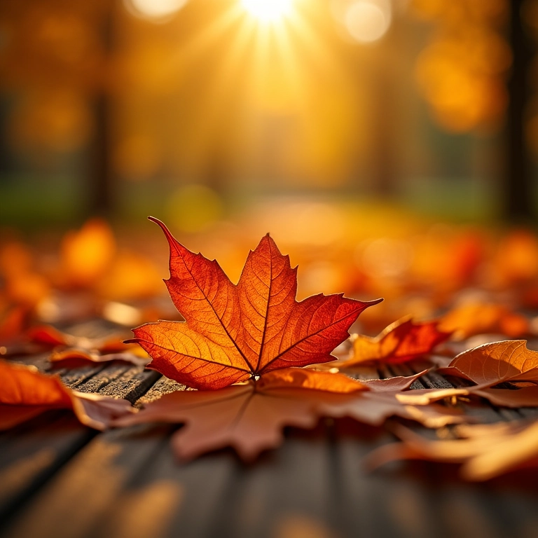 Folhas secas de outono sobre mesa de madeira, iluminadas pelo sol.