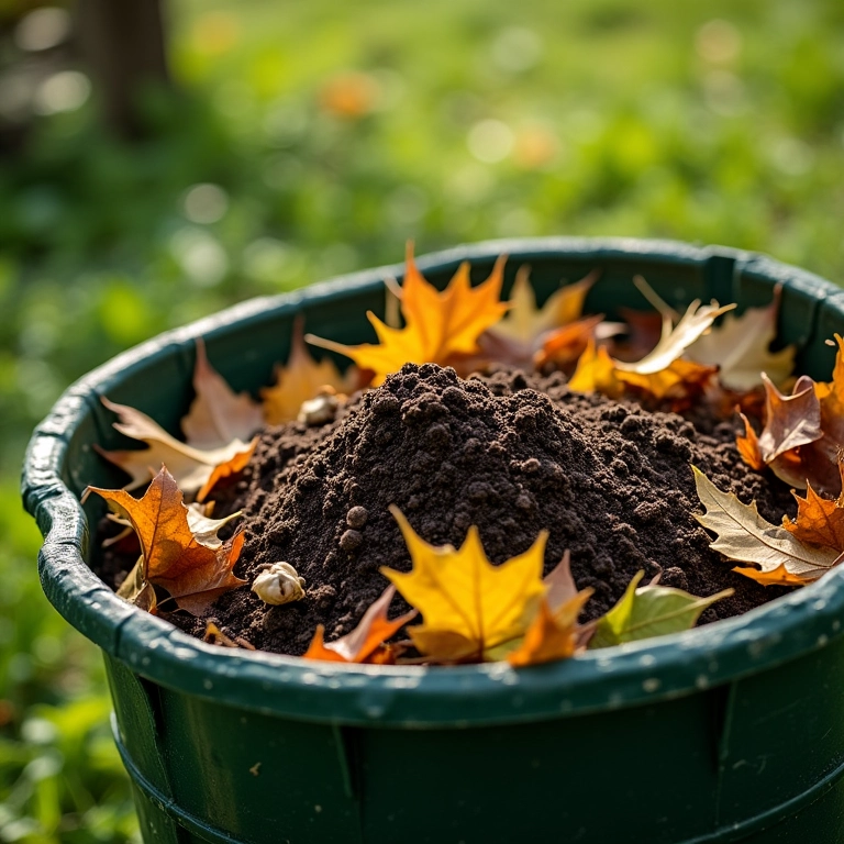 Folhas secas transformadas em húmus de qualidade na compostagem.