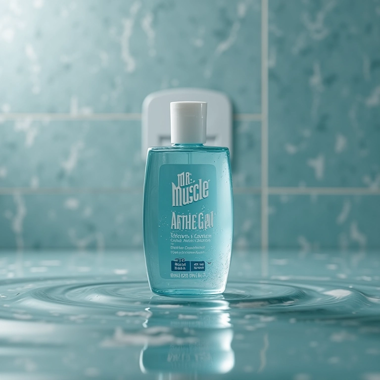 Frasco de Mr. Músculo Desentupidor Gel ao lado de um ralo limpo.