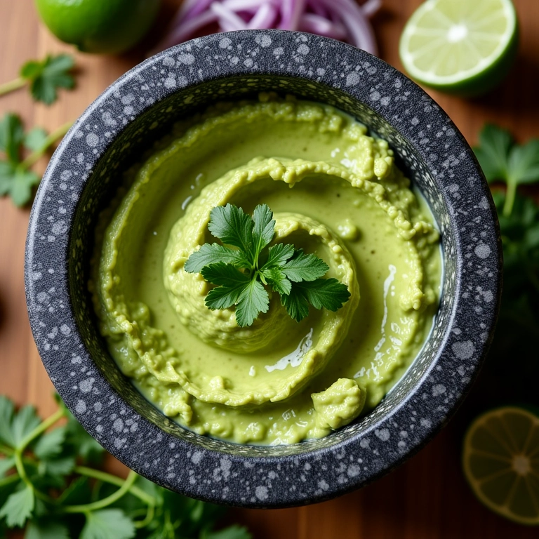 Guacamole cremoso sendo preparado em um molcajete.