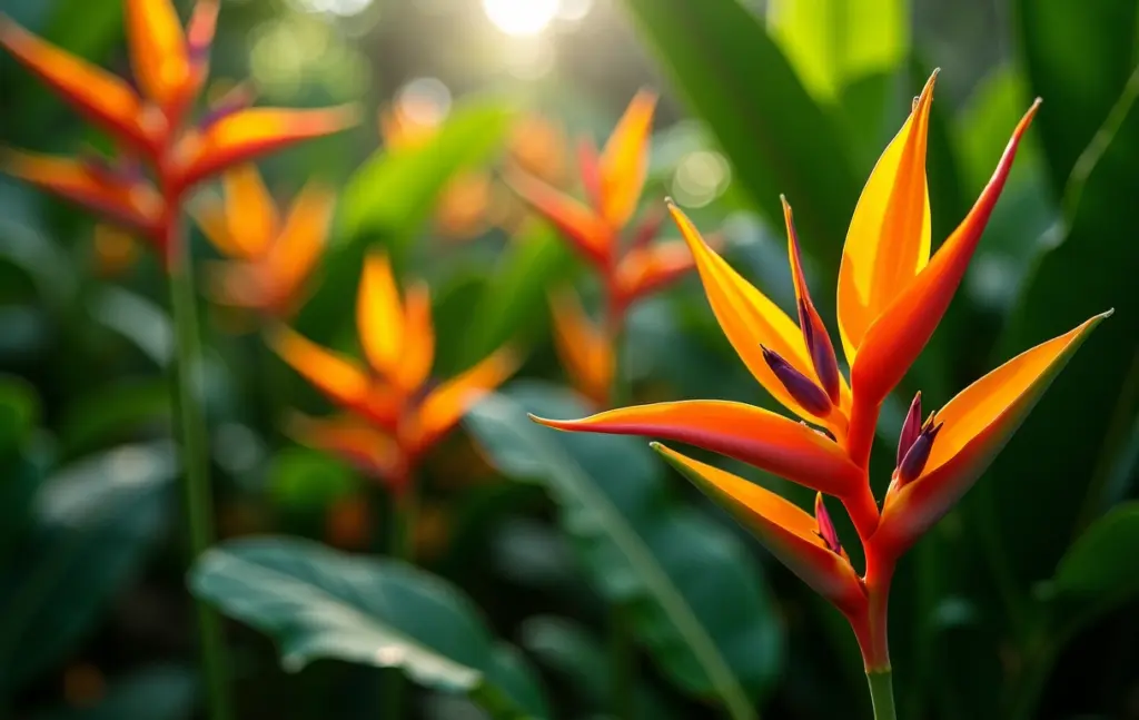 Helicônias exuberantes em um jardim brasileiro vibrante.