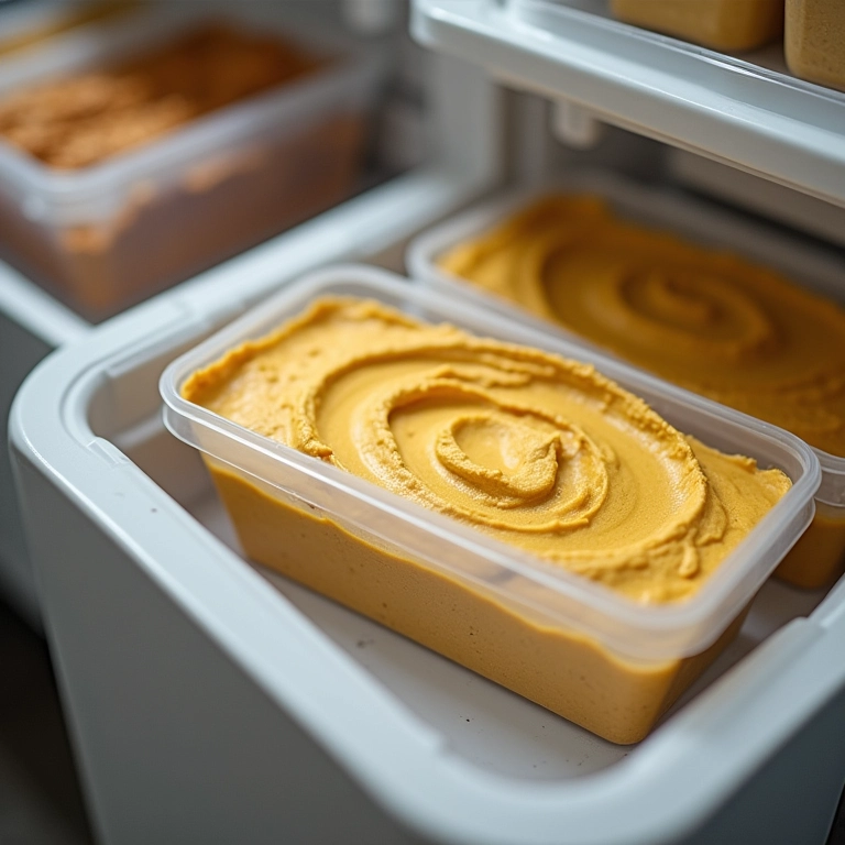 Homus congelado em pote lacrado.