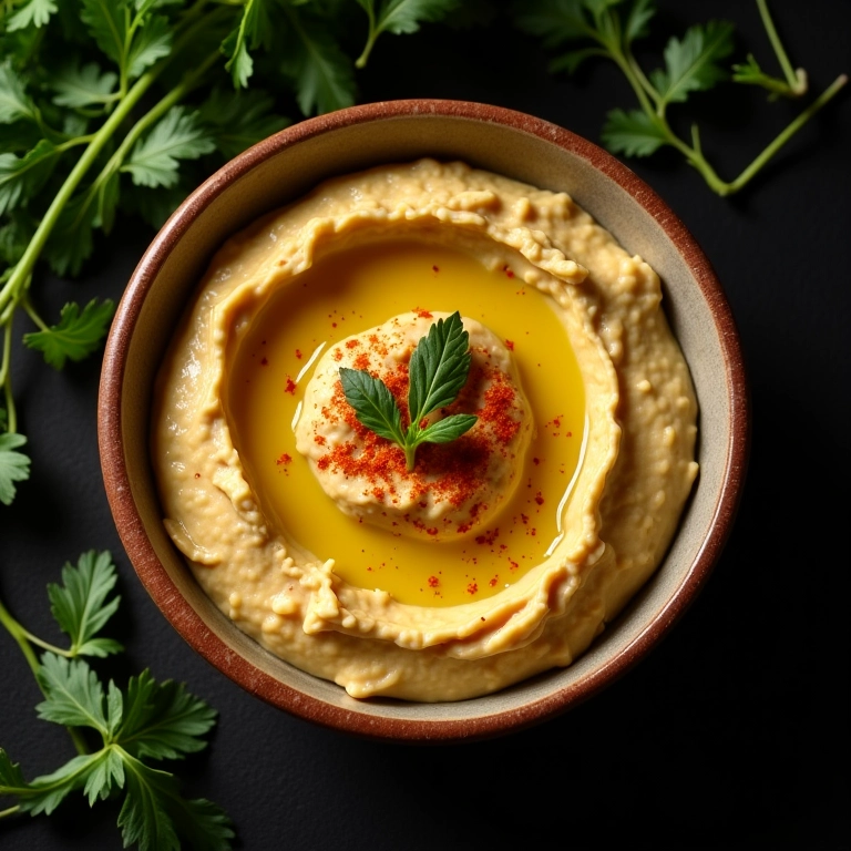 Homus tahine caseiro em tigela rústica com azeite e páprica.