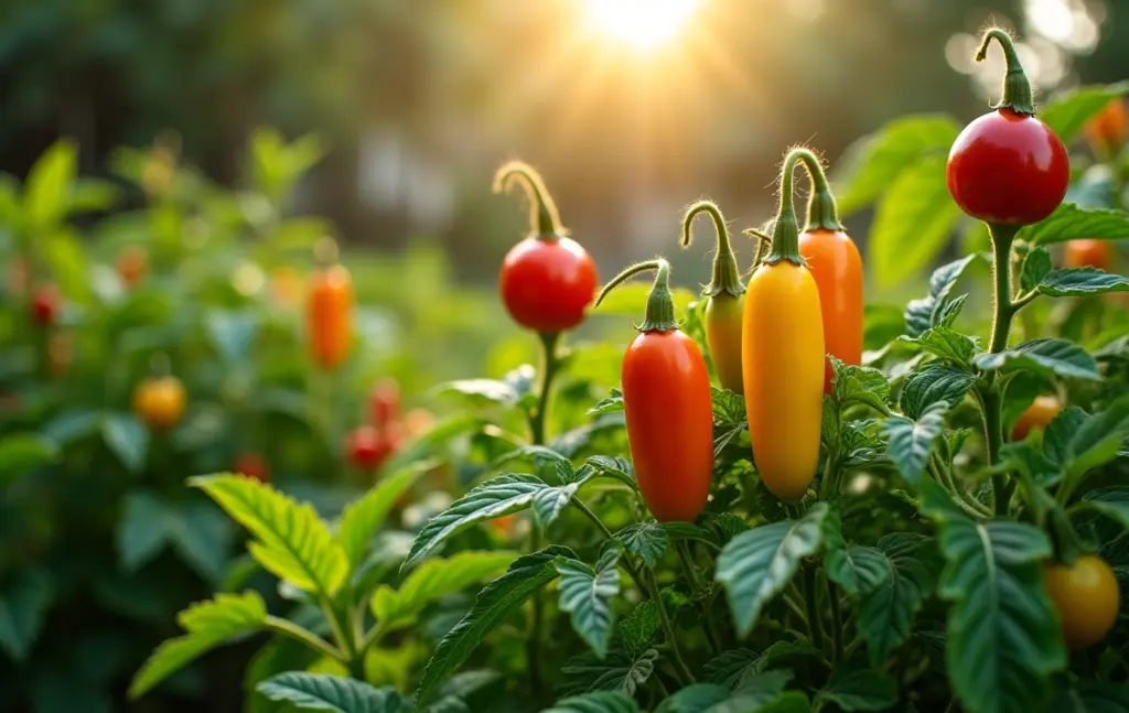 Horta caseira exuberante com diversas plantas, cores vibrantes e luz natural.