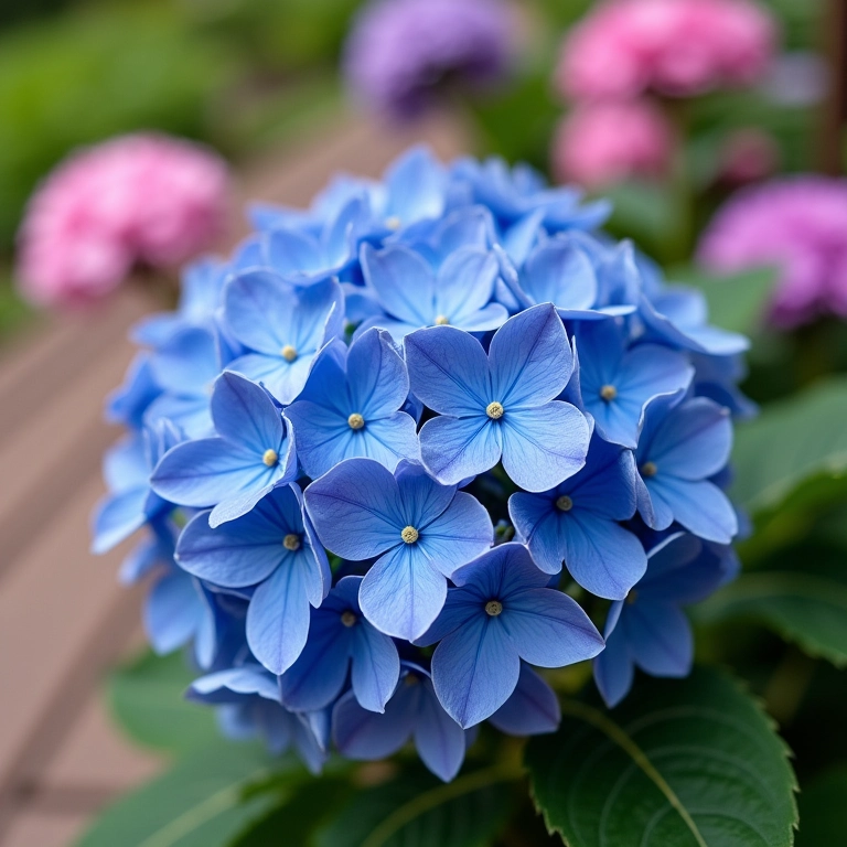 Hortênsias coloridas em um jardim ao lado de um deck de madeira.