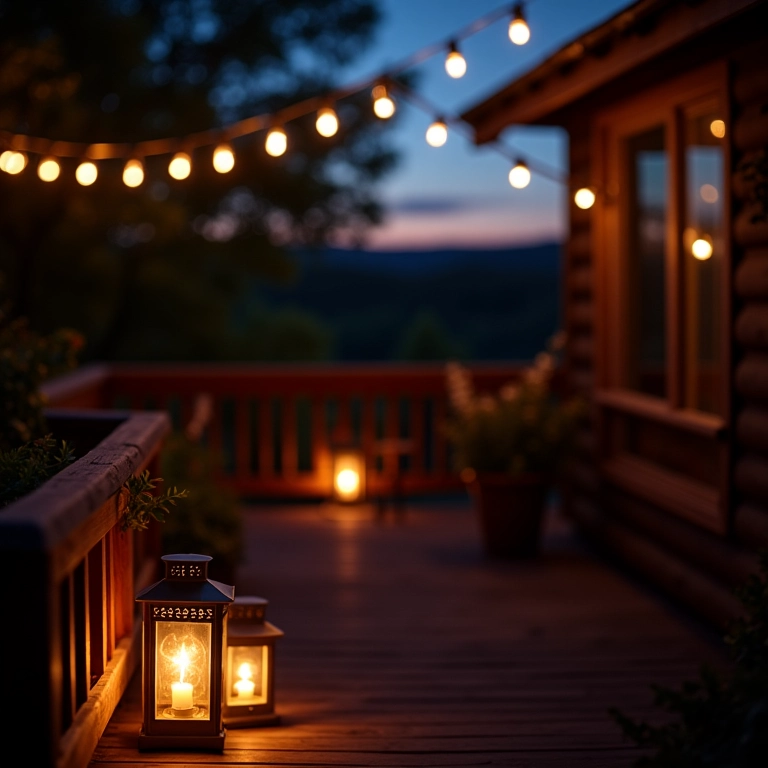 Iluminação aconchegante em um deck ao entardecer.