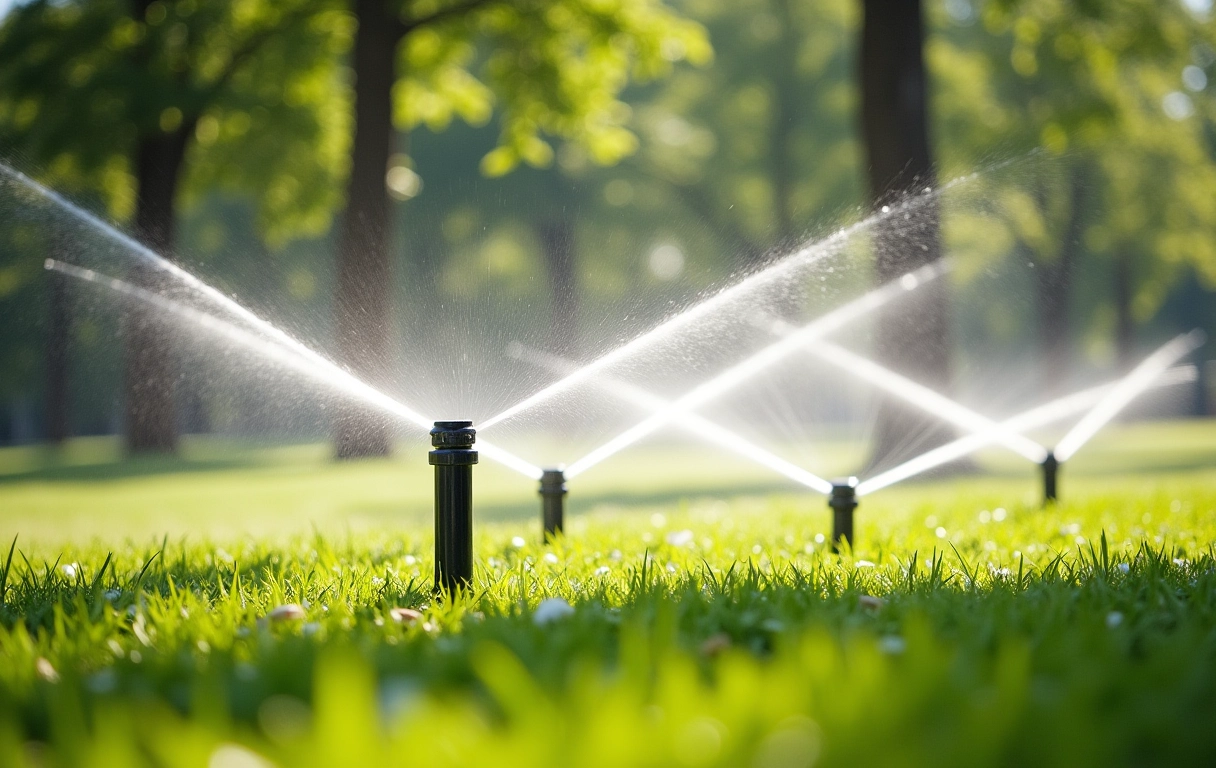 Irrigação adequada de árvores em parque urbano com sistema automatizado.