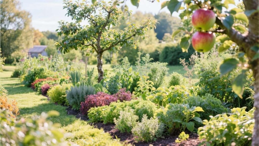 Jardim exuberante com macieiras e ervas companheiras crescendo juntas.